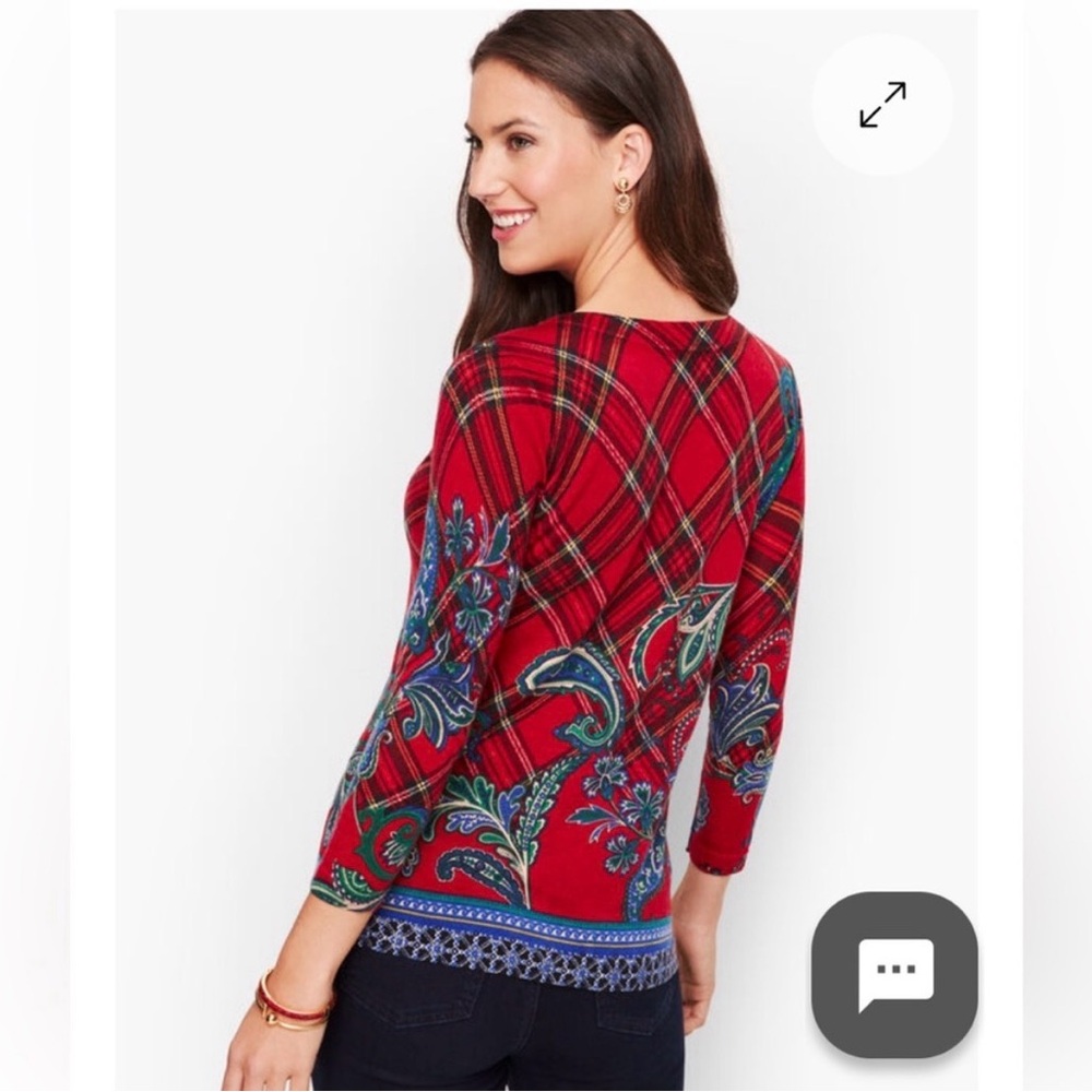 Talbots Size Medium Lightweight 100% Merino Wool Red Plaid/Paisley Sweater - Picture 2 of 11